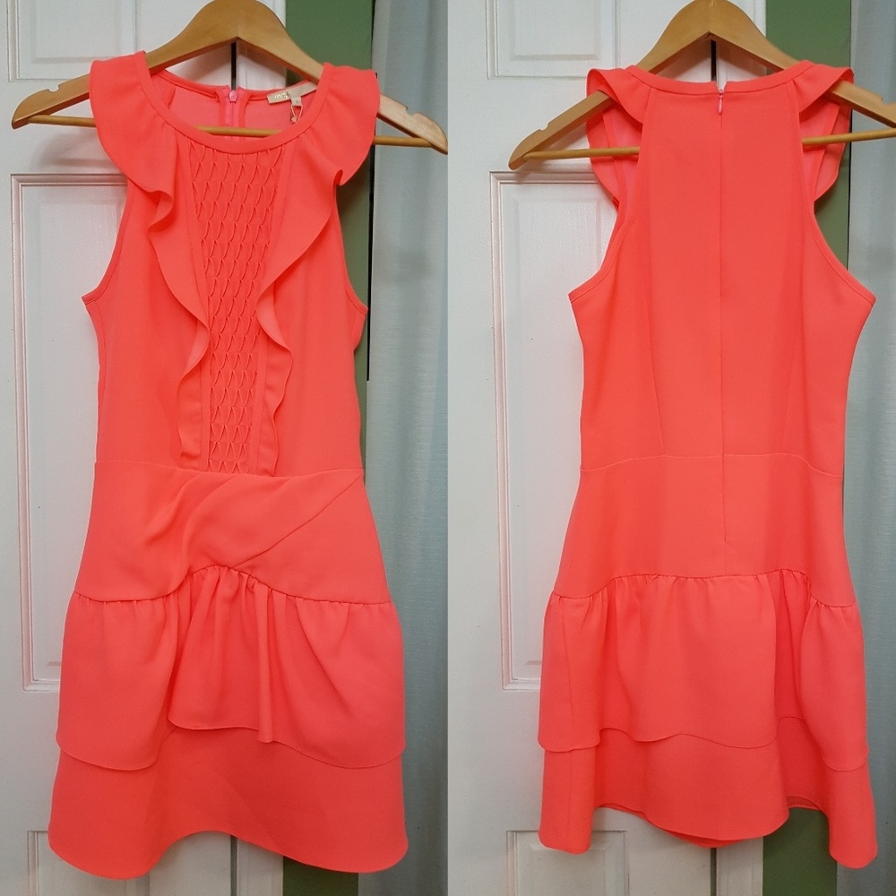 MAJE Ruffle Trimmed Coral Mini Dress, Sz T1 - Picture 4 of 7